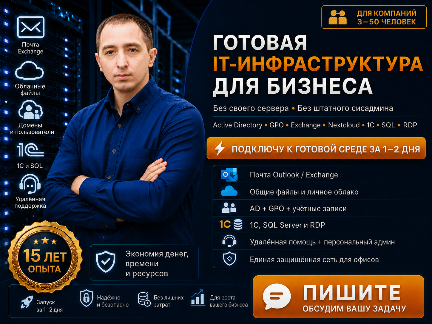 Заказать развертывание IT-инфраструктуры для бизнеса Готовая IT-инфраструктура для бизнеса под ключ за 1-2 дня. Системный администратор Александр Беляев: настройка 1C, SQL, Active Directory, RDP.