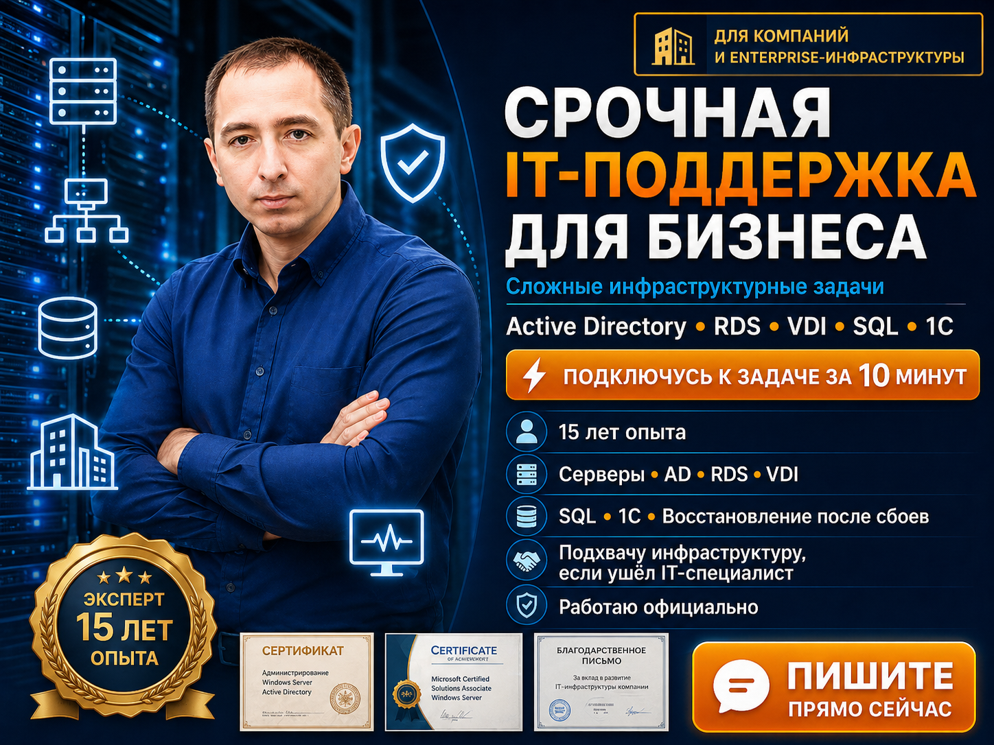 Срочная IT-помощь и подключение к задаче за 10 минут Срочная IT-поддержка для бизнеса и решение сложных инфраструктурных задач. Восстановление после сбоев, сервера, RDS, VDI.